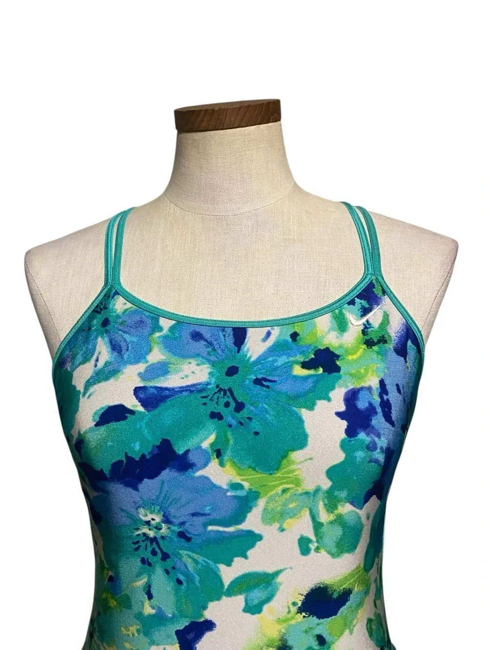 Nike Blue Green Floral Print Crossback One Piece Swimsuit 12 Athletic Sporty